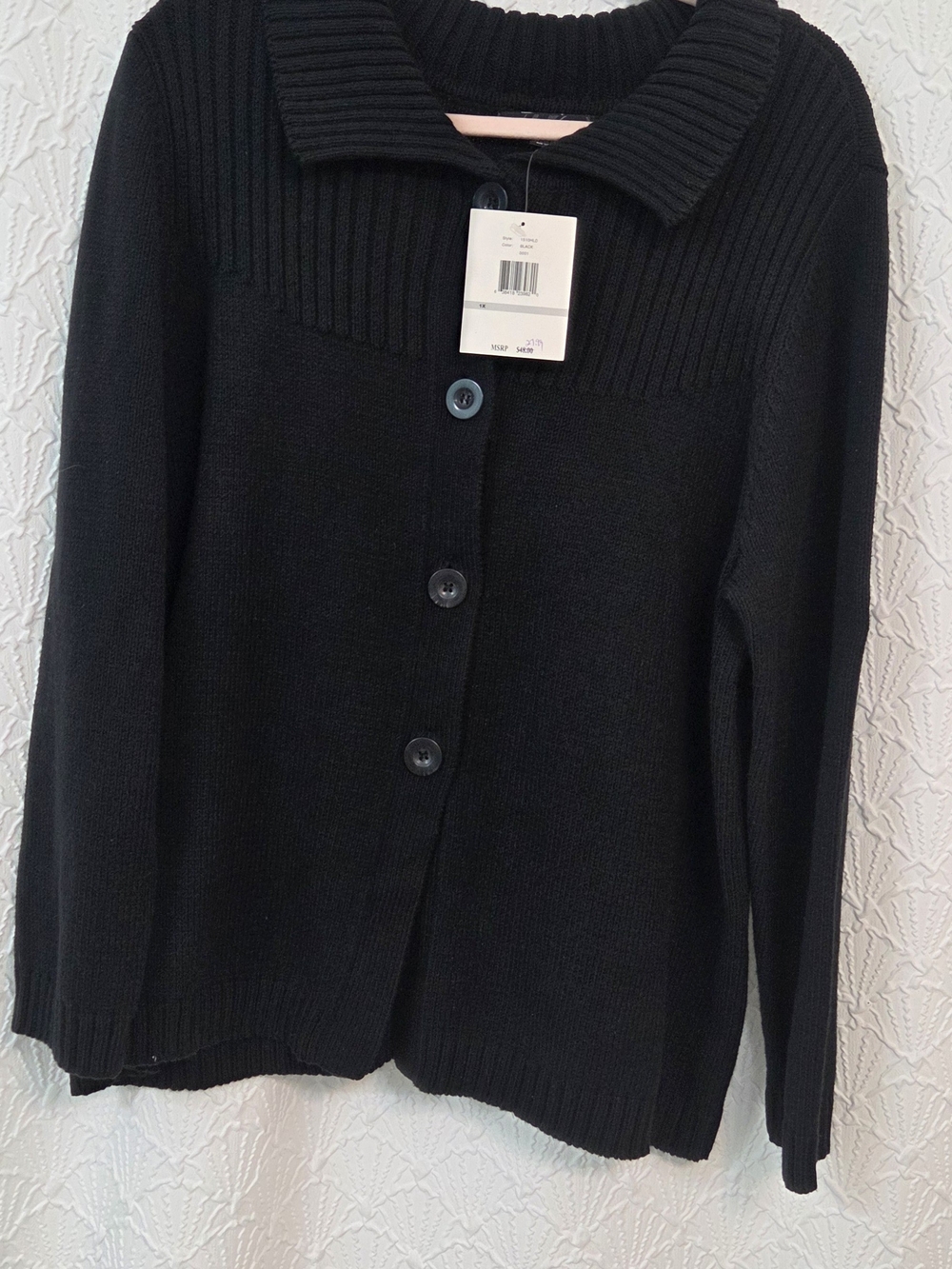 Women's Black Button-Front Ribbed Collar Cardigan Sweater
